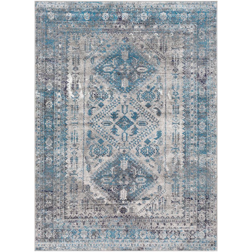 Blue and Grey Rectangular Stain-Resistant Synthetic Area Rug