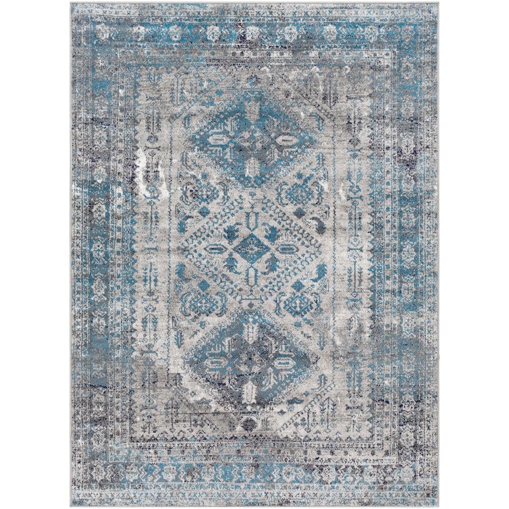 Blue and Grey Rectangular Stain-Resistant Synthetic Area Rug