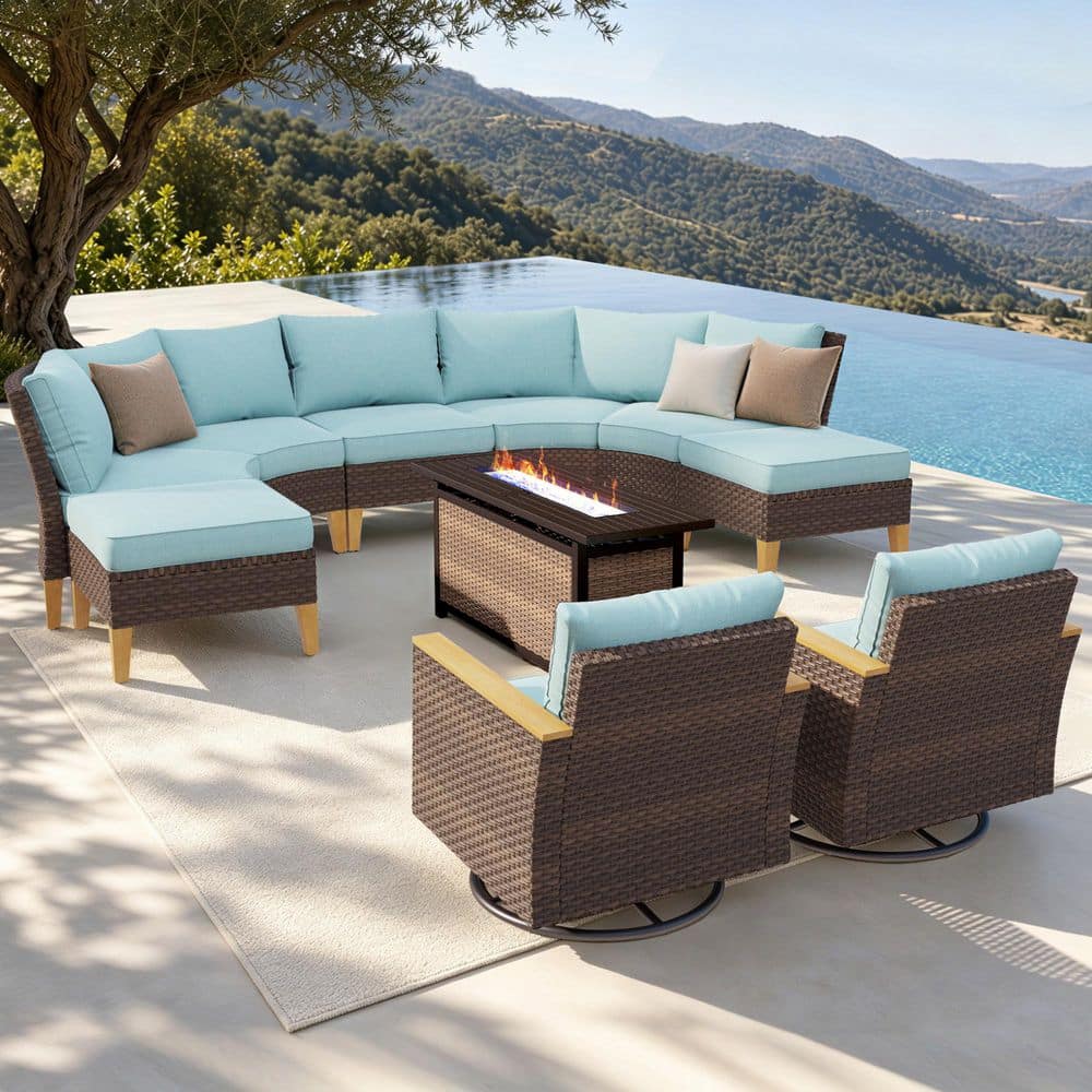 Brown Rattan Wicker 9-Seat 10-Piece Steel Outdoor Fire Pit Patio Set with Blue Cushions,2 Swivel Sofas and 2 Ottomans price history on PriceWatchPro