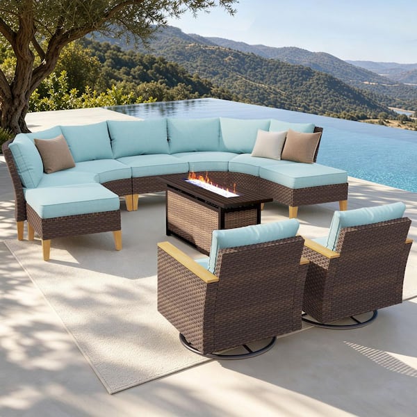 Brown Rattan Wicker 9-Seat 10-Piece Steel Outdoor Fire Pit Patio Set with Blue Cushions, 2 Swivel Sofas and 2 Ottomans