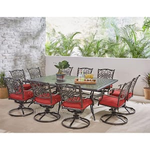 Traditions 11-Piece Aluminum Outdoor Dining Set with 10 Swivel Rockers and Red Cushions