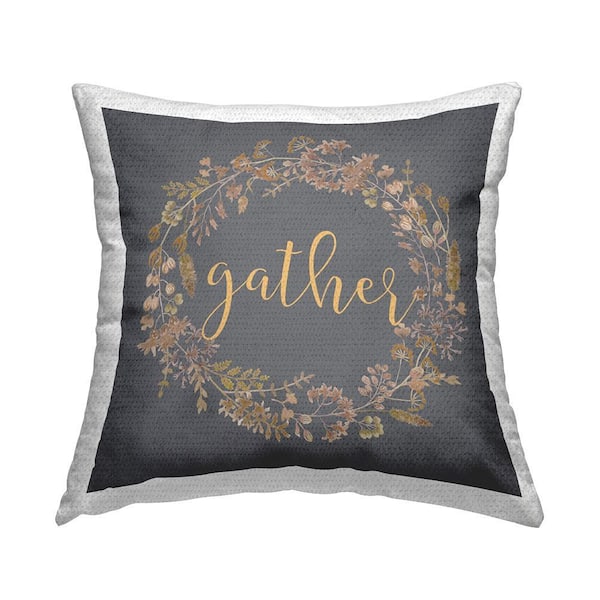 Gather Calligraphy Seasonal Botanical Wreath Grey Square Outdoor Throw Pillow