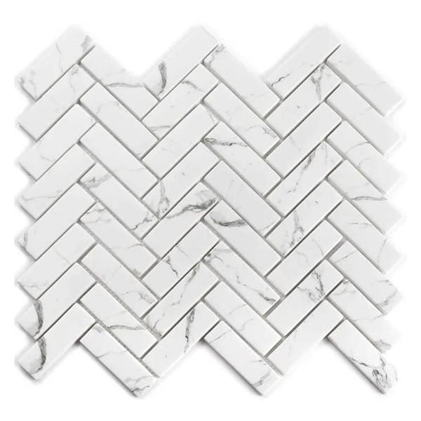Aloha 4 in. x 5 in. Polished White, Gray Vein Glass Mosaic Herringbone Wall and Floor Tile Sample