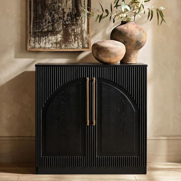 Onyx Arch Black Wood Buffet 31 in. Accent Kitchen Cabinet with 2 Shelves and Brass Handles