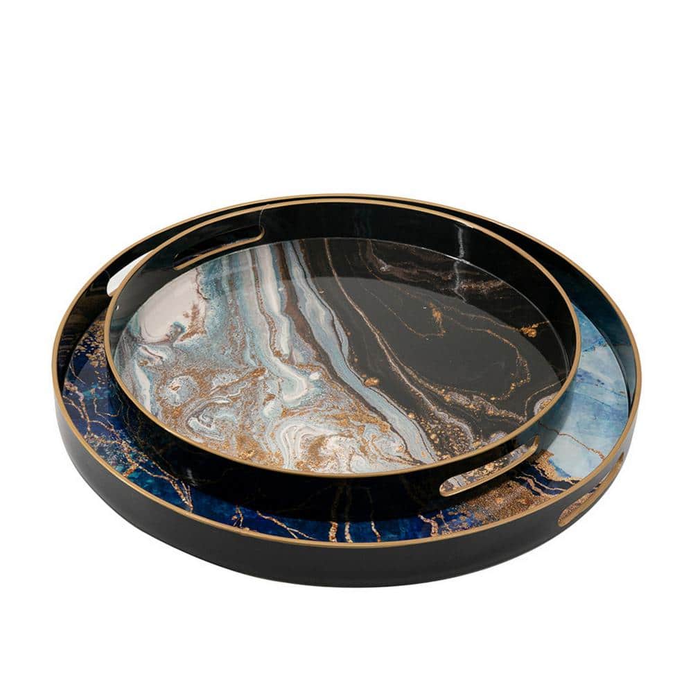 Set of 2 Blue and Gold Faux Marble Round Trays