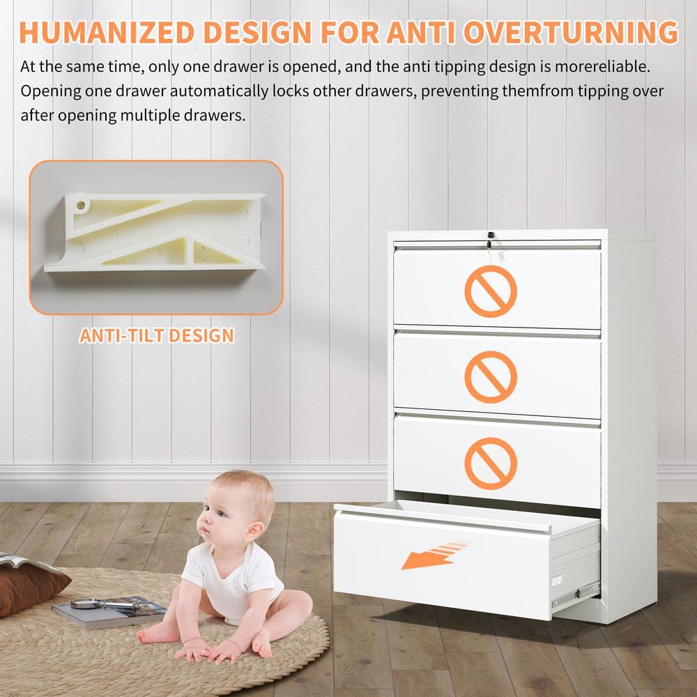 White 4-Drawer Lockable Steel Lateral File Cabinet