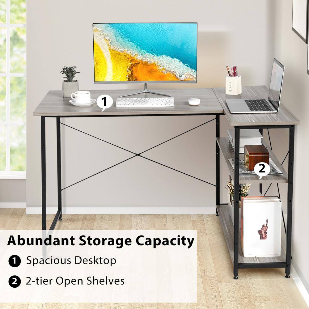 Gray 48'' L-Shaped Wood Computer Desk with Shelves