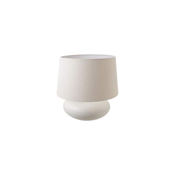 Storied Home 16 in. Matte White Round Stoneware Table Lamp with Linen Shade