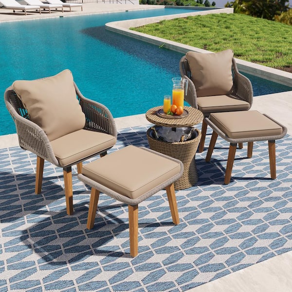 Harper & Bright Designs 5-Piece Brown Wicker Patio Conversation Set with Ottoman, Bistro Set with Light Brown Cushions, Wicker Cool Bar Table