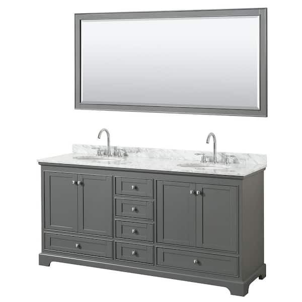 Wyndham Collection Deborah 72 in. Double Vanity in Dark Gray with Marble Vanity Top in White Carrara with White Basins and 70 in. Mirror