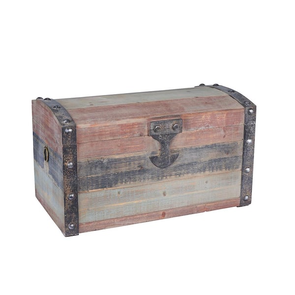 HOUSEHOLD ESSENTIALS Red, Black and Blue-White Small Wooden Storage Trunk Weathered Wood with Paint Finish