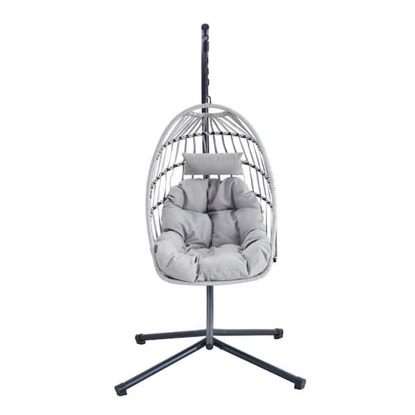 1-Person Metal Black Frame Wicker Patio Swing Egg Chair with Gray Cushion, Indoor or Outdoor