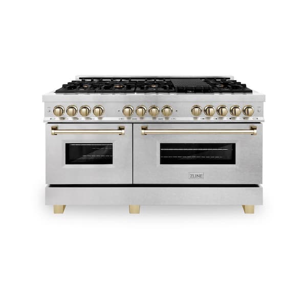 ZLINE Kitchen and Bath Autograph 60 in. Legacy Dual Fuel Range with 9 Burners and 2 Electric Ovens in Satin Stainless Steel and Gold Accents