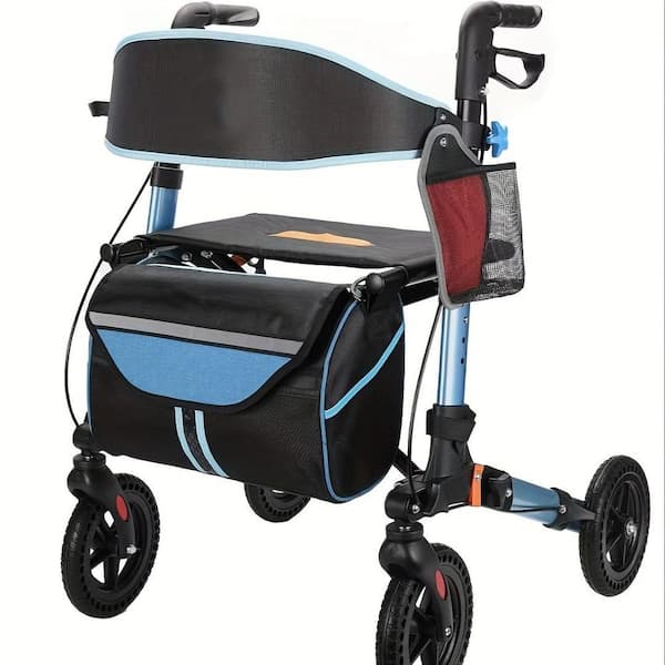 4-Wheel Blue Aluminum Lightweight Foldable Rollator with Seat ,6 Adjustable Height Position and 8 in. Wheel