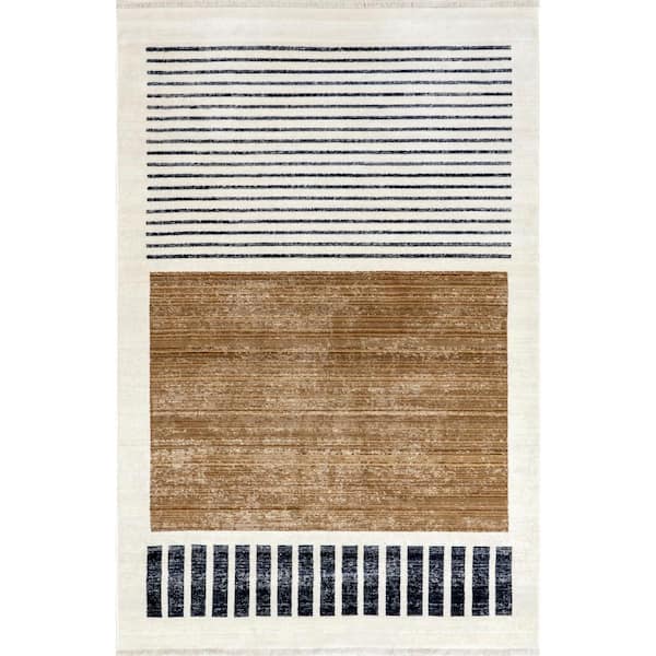 Keeva Modern Striped Fringe Beige 7 ft. x 10 ft. Area Rug