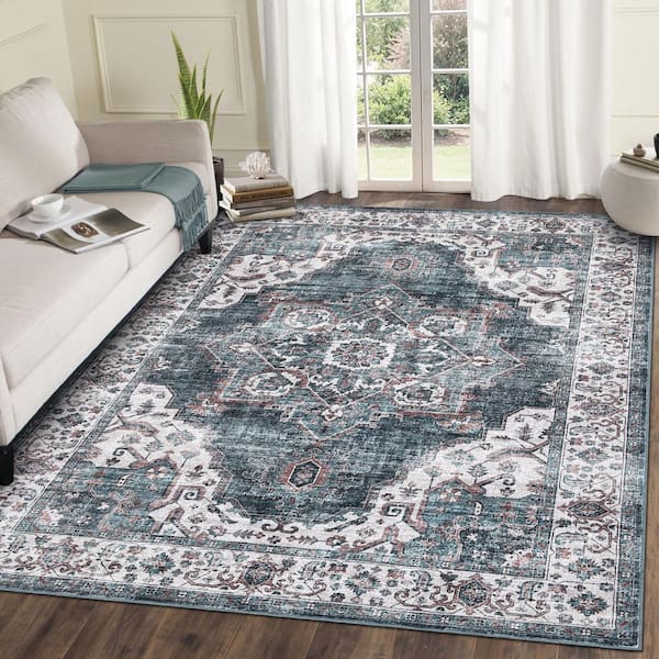 Ultra-Thin Washable Vintage Floral Rug Soft Non-Slip for Bedroom Living Room Office Blue 5 ft. x 7 ft. Area Rug