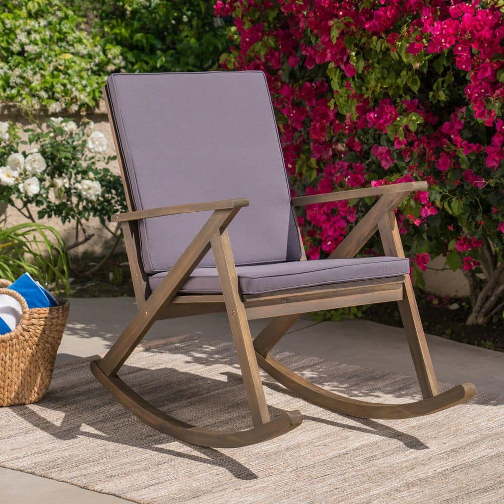 1-Piece Acacia Wood Outdoor Rocking Chair with Gray Cushion for Patio, Porc