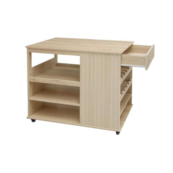 Natural Wood 39.37 in. Kitchen Island with Storage Drawer Wine Rack Lockable Casters