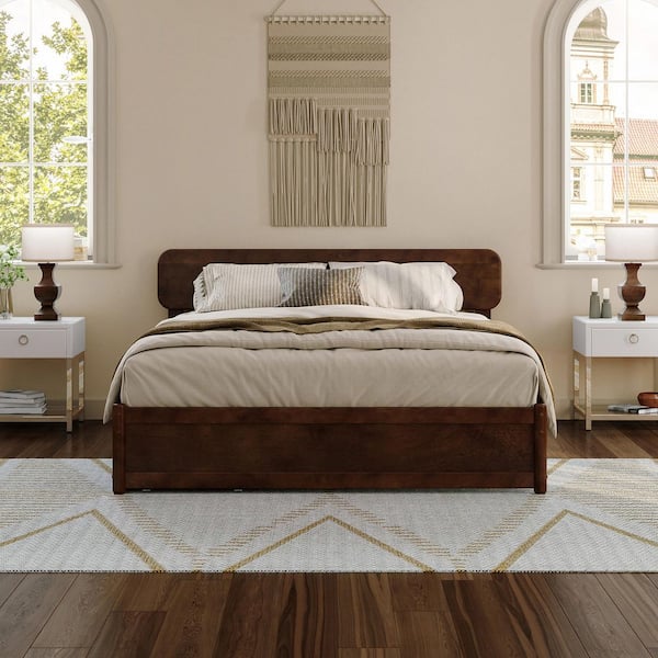 Capri Walnut Brown Solid Wood Frame Queen Platform Bed with Panel Footboard and Storage Drawers