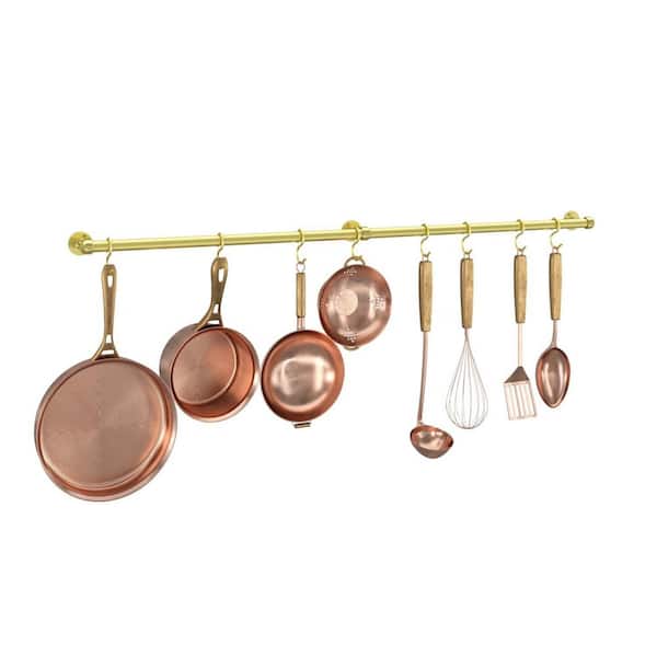 39.4 in. Brass Stainless Steel Wall Mounted Hanging Pot Rack with Hooks for Kitchen Utensil Cookware Organization