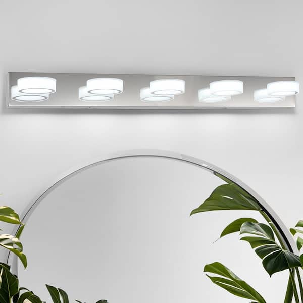 JUSHENG 41 in. 5 Light Chrome LED Bathroom Vanity Light Bar with 270° Rotatable Lamphead Dimmable 5500K Light