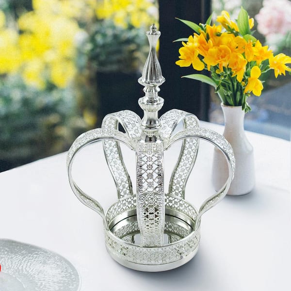 LIVING LUXURY Silver Table Decor Decorative Crown Metal Accent Piece with Mirror 9 in.