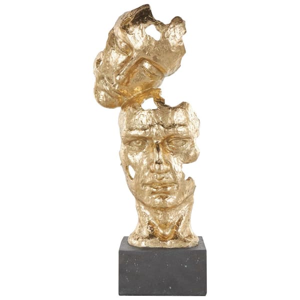 Litton Lane Gold Polystone Stacked Face Cutout Mask Sculpture with Black Block Base