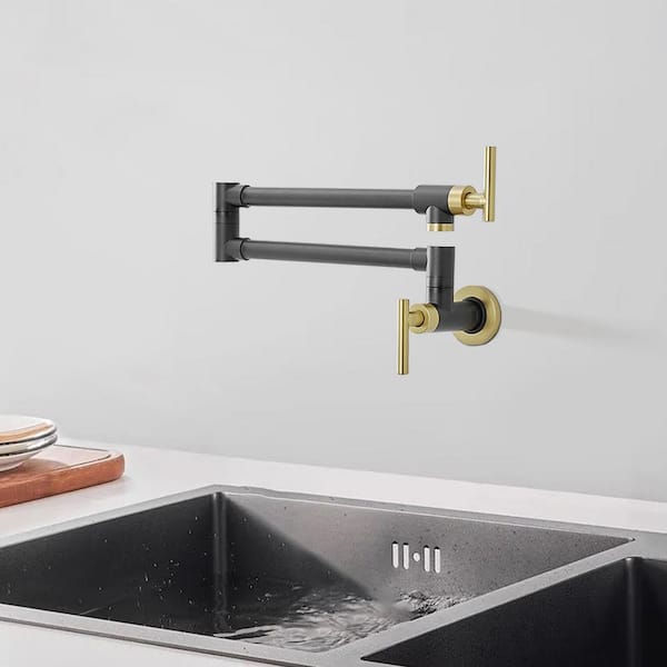 Traditional Wall Mounted Pot Filler in Black and Brushed Gold