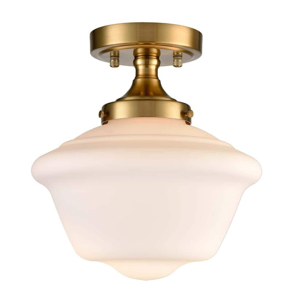 CLAXY 9.8 in. 1-Light Gold Modern Semi-Flush Mount with Frosted Glass ...