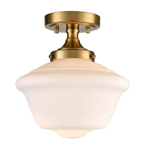 9.8 in. 1-Light Gold Modern Semi-Flush Mount with Frosted Glass Shade and No Bulbs Included 1-Pack