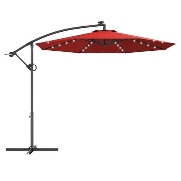 Clihome 10 ft. Aluminum Market Solar Powered LED 360° Rotation Patio Offset Outdoor Umbrella in Red