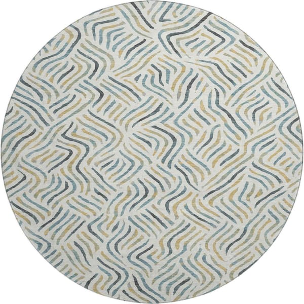 Mayfield Premium Machine Washable Abstract AMF2474 Ivory 8 ft. x 8 ft. Round Rug