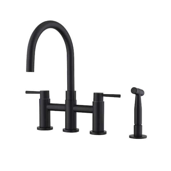 Double Handle Bridge Farmhouse Kitchen Faucet with Side Spray and 360-Degree Swivel Spout Sink Faucet in Matte Black