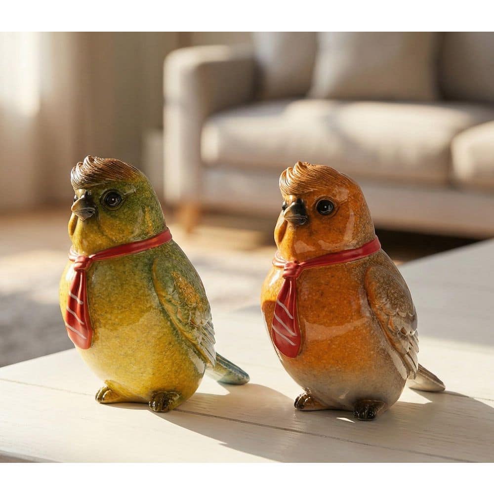 置物  Bird 2-Pack 4 in. Multi-Colored Resin Bird Figurines with Red Scarves