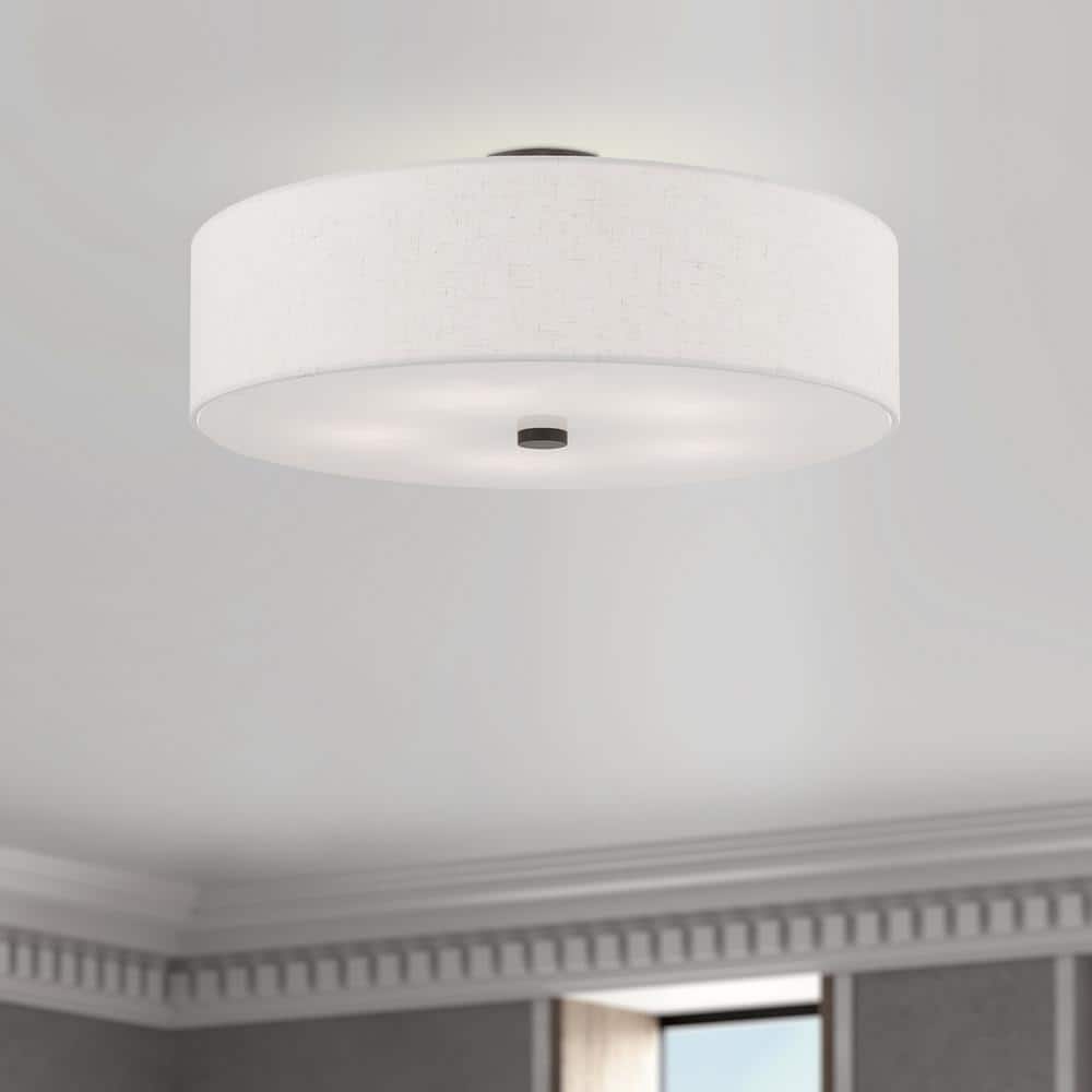 English Bronze 5-Light Semi-Flush Mount with Fabric Drum Shade