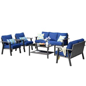 Walden Grey 5-Piece Wicker Metal Outdoor Patio Conversation Sofa Set with a Coffee Table and Navy Blue Cushions