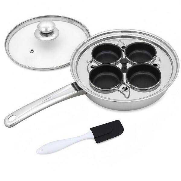 4-Cup Stainless Steel Egg Poacher Pan with Silicone Spatula, Induction Cooktop Egg Poachers Cookware Set