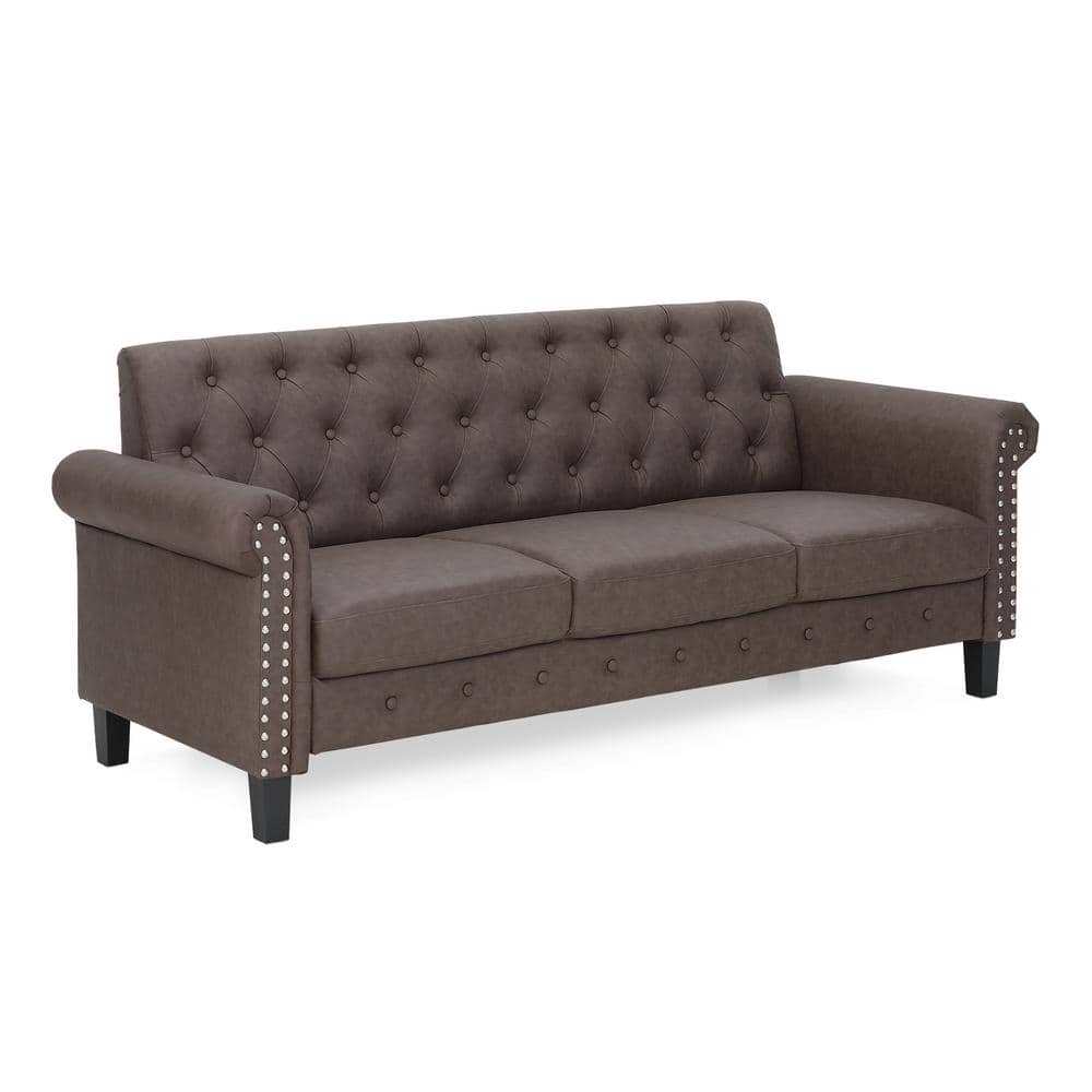 Vintage Chesterfield Tufted 3-Seater Sofa in Brown Faux Leather