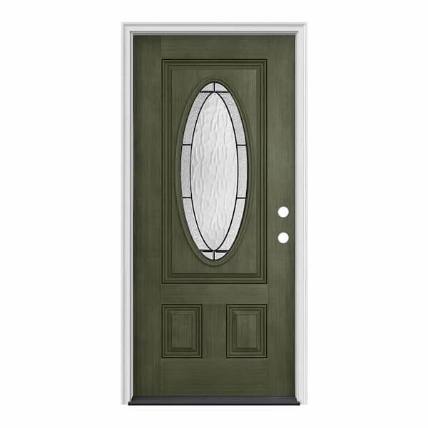 JELD-WEN 32 in. x 80 in. 3/4 Oval Lite Wendover Juniper Stained Fiberglass Prehung Left-Hand Inswing Front Door