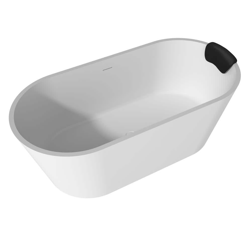 67" White Solid Surface Freestanding Soaking Tub with Black Pillow