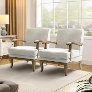 Quentin Ivory Farmhouse Wooden Upholstered Arm Chair with Wooden Legs and Foot Pads Protecting the Floor (Set of 2)