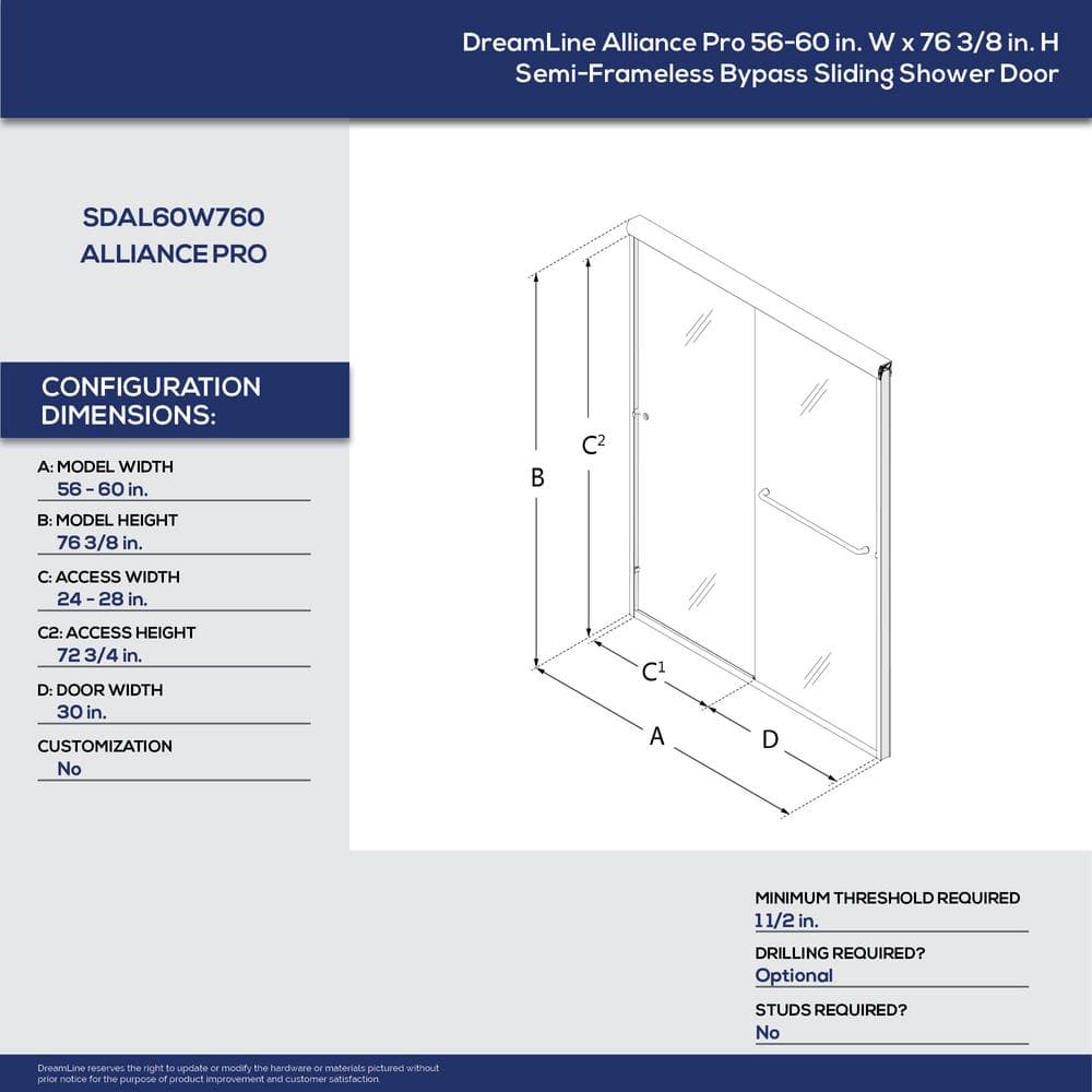 Alliance Pro 60 in. Brushed Nickel Semi-Frameless Sliding Shower Door with Clear Glass