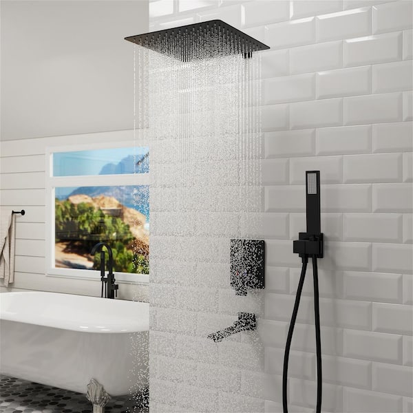 Single-Handle 3-Spray Hand Shower Tub and Shower Faucet with 12 in. Wall Mount Rain Shower Heads in Matte Black