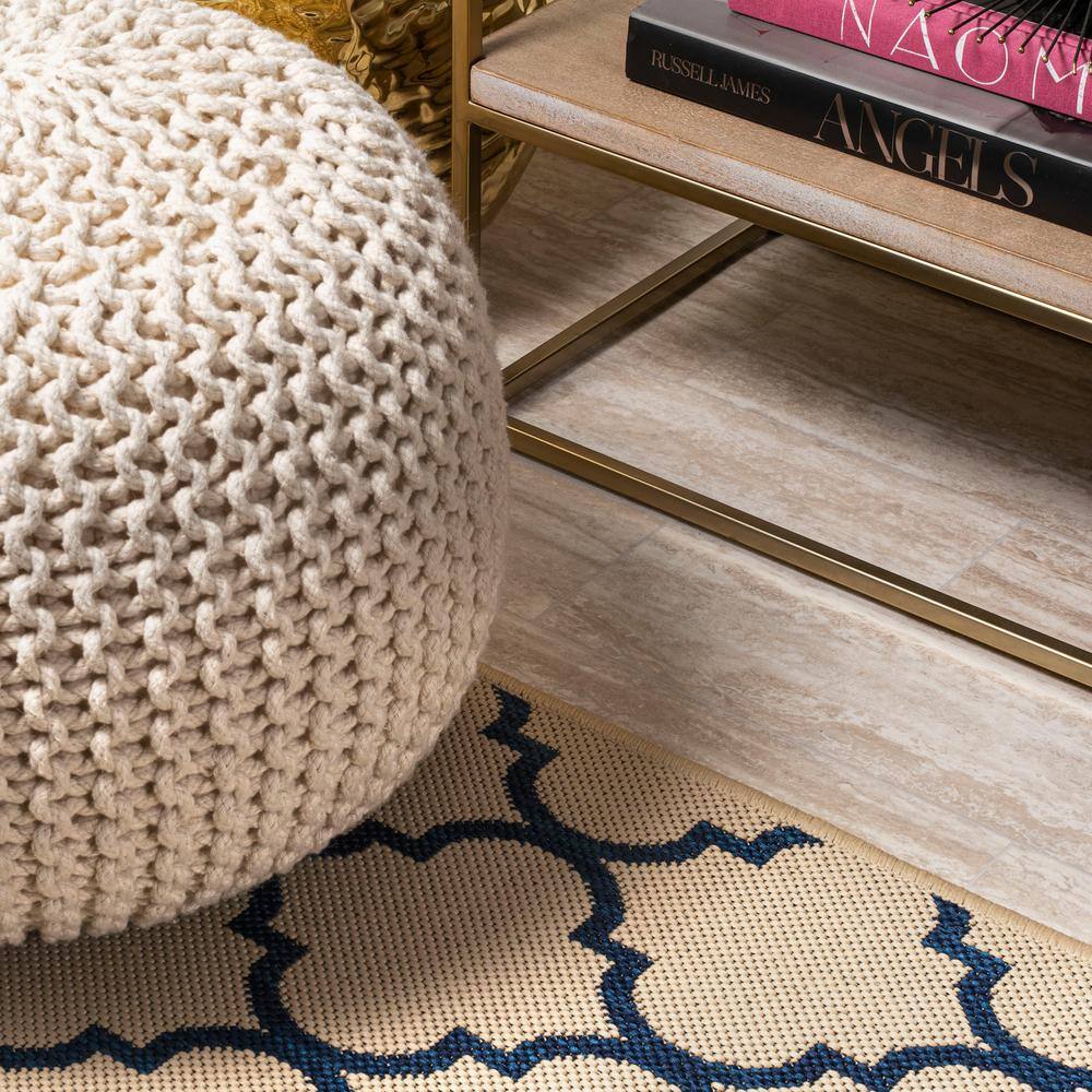 Santa Monica Beige/Navy Synthetic Trellis Runner Rug 2x8
