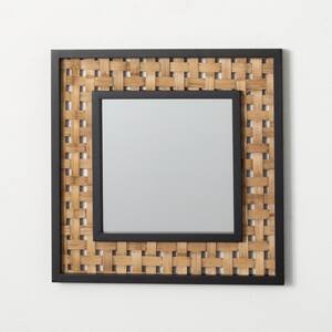 16 in. x 16 in. Farmhouse Square Framed Black and Brown Decorative Mirror With Weave Inset
