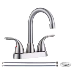 4 in. Centerset Double Handle High Arc Bathroom Faucet with Drain Kit Included and 360° Swivel Spout in Brushed Nickel