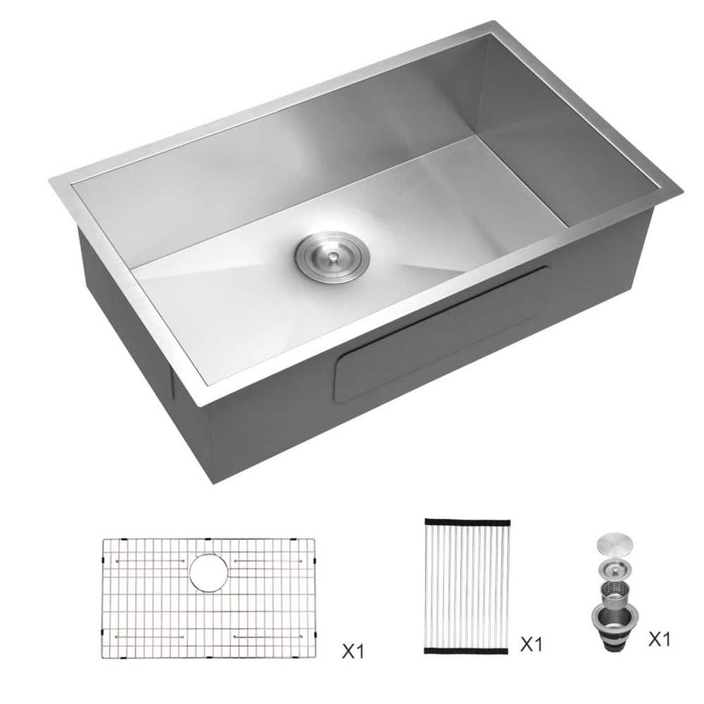 32 in. Undermount Single Bowl 18-Gauge Brushed Nickel Stainless Steel Kitchen Sink with Bottom Grid and Drying Rack -  EPOWP, LX-KS-24-1