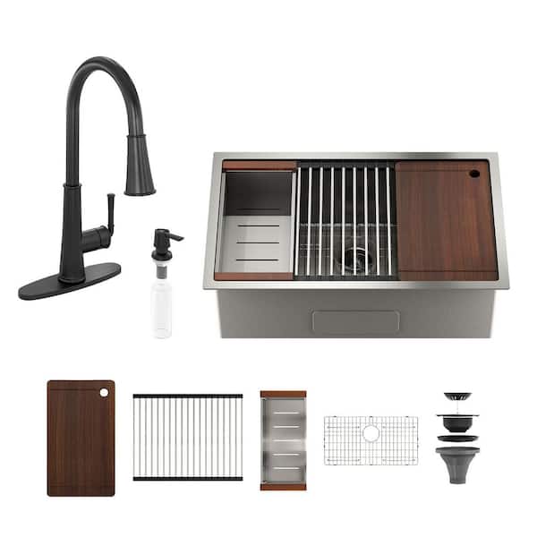 36 in. Undermount Single Bowl Brushed Stainless Steel Kitchen Sink with Matte Black LED Faucet and Accessories Kits