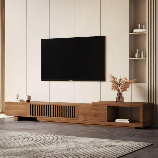 LUCK HOME 78.54 in. 103 in. Medieval Modern Adjustable TV Cabinet with Storage Space Walnut color.