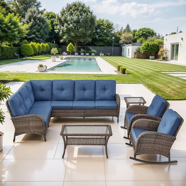 Opohoro Brown 5-Piece Wicker Patio Conversation Sectional Seating Set with Navy Blue Cushions and Rocking Chairs
